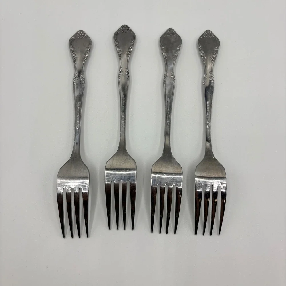 Estia Salad‎ Forks Cascade Pattern Stainless Glossy Floral Set of 4 Silverware
